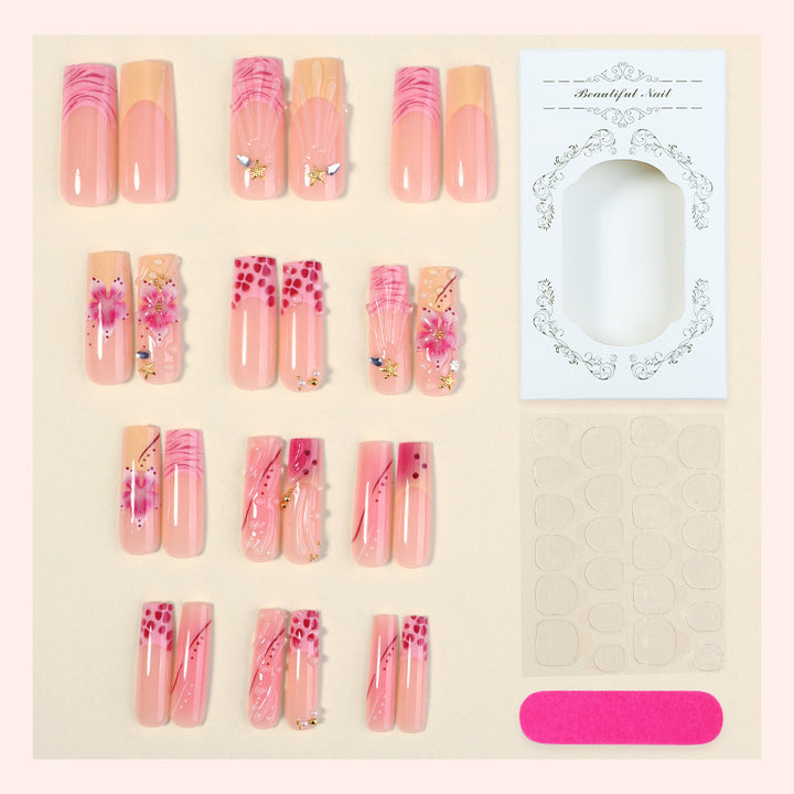 Decorative Press-On Nail Set with Artistic Floral Accents Bowlift