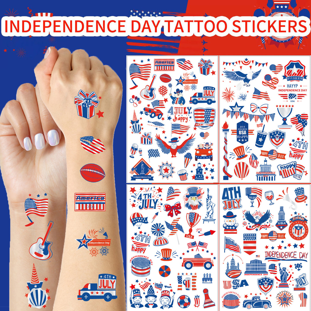 Independence Day illustrated temporary tattoo sheets with assorted patriotic icons skin-safe waterproof Bowlift