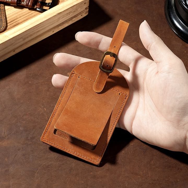 Genuine Leather Luggage Tag with Adjustable Buckle and ID Window Bowlift