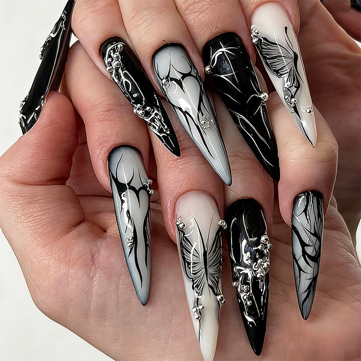Artificial nail set with elegant geometric designs and creative metallic accents Bowlift