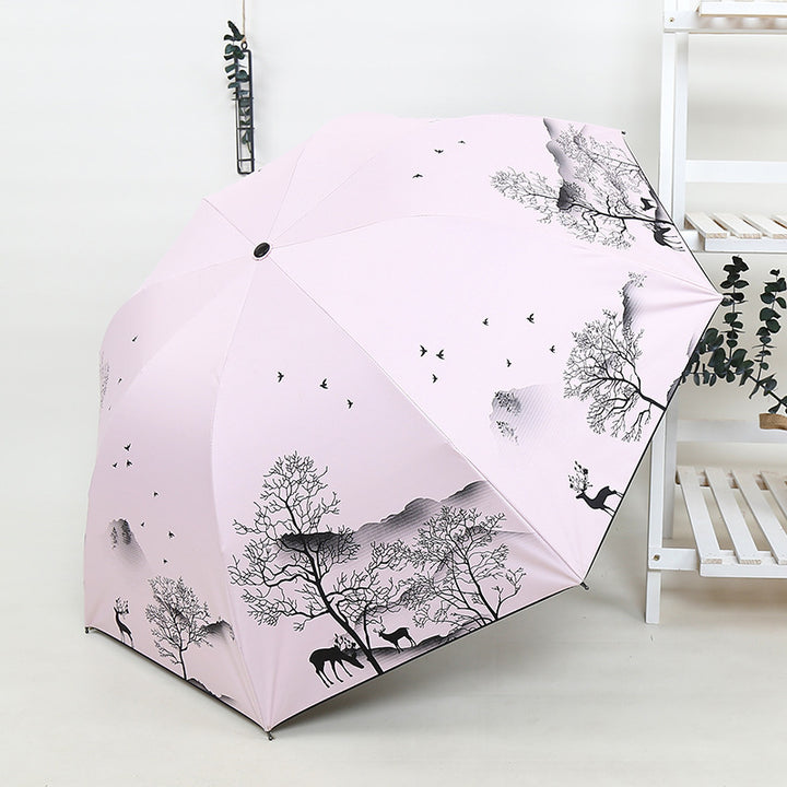 Ladies Foldable Umbrella with Artistic Nature Design Bowlift