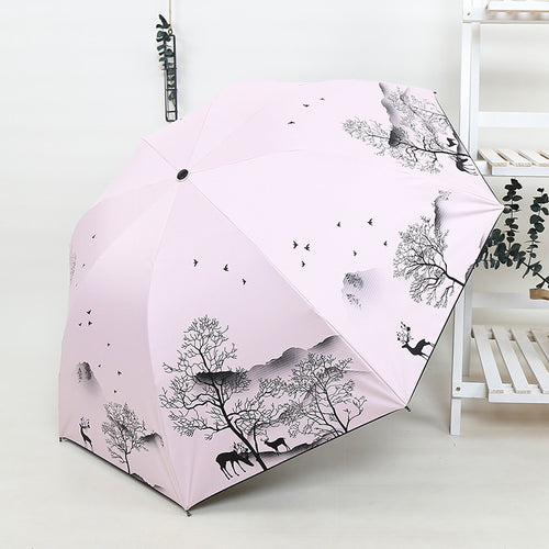Ladies Foldable Umbrella with Artistic Nature Design Bowlift