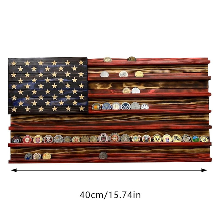 Unisex nan wall showcase for challenge coins in flag design made of rustic solid wood Bowlift