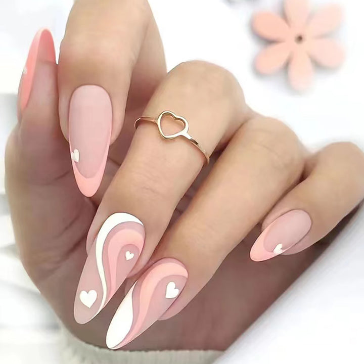 Elegant Stiletto Press-On Nails with Heart and Wave Design Bowlift
