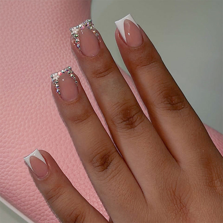 Decorative French Tip Press-On Nail Set with Rhinestone Accents Bowlift