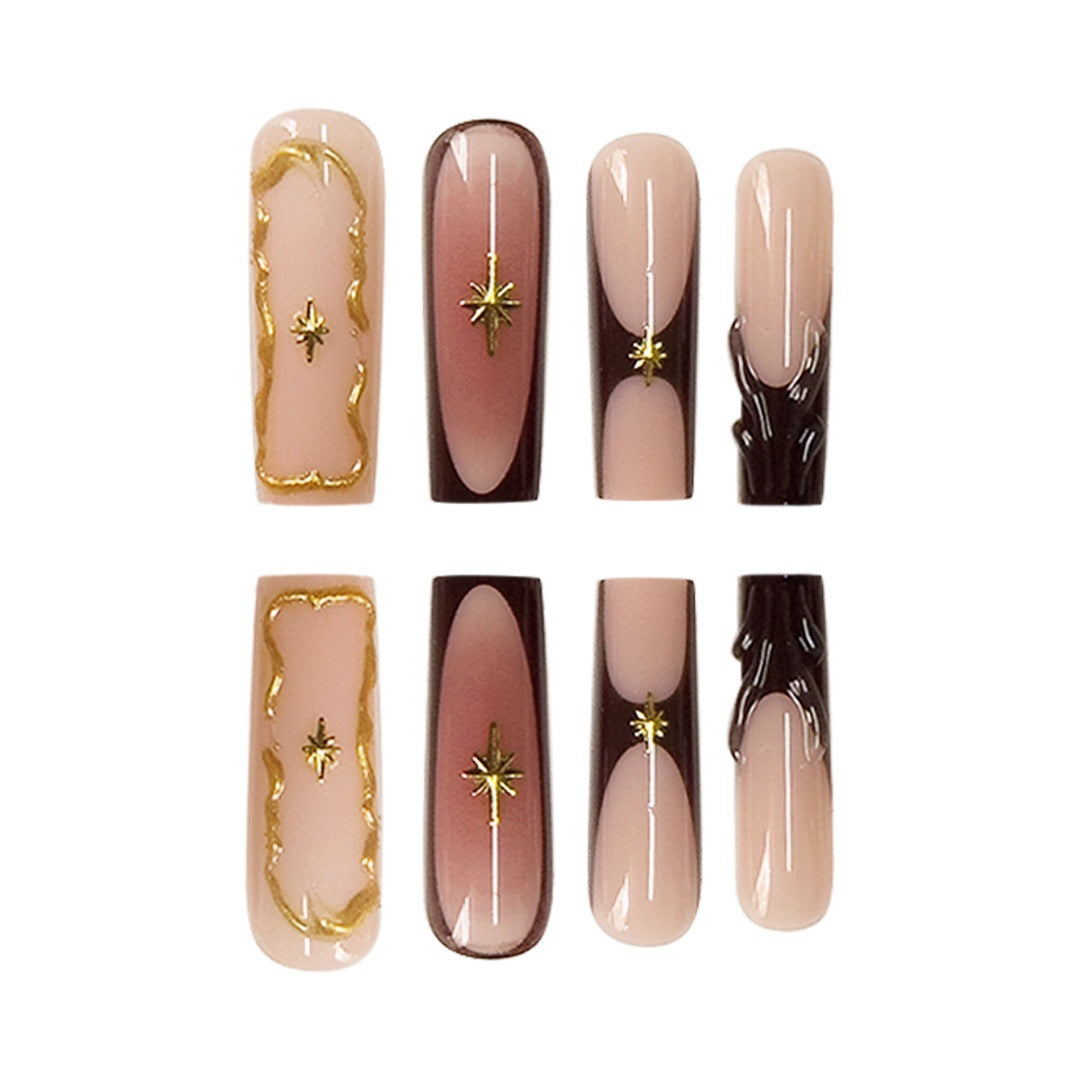 Artistic Long Press-On Nail Art Extensions with Gold Detailing Bowlift