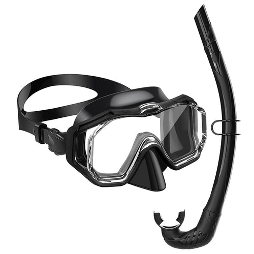 Diving equipment set with ergonomic diving mask and flexible snorkel Bowlift