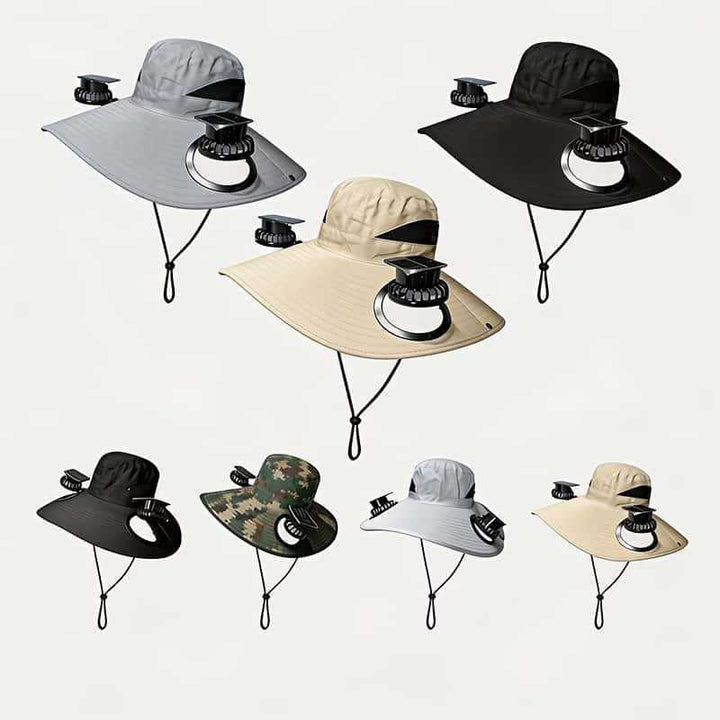 UV-Protect-Sun Hat with removable face and neck protection, integrated solar fan and breathable mesh Bowlift