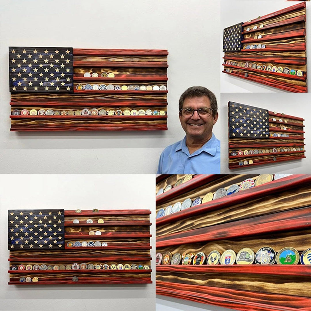 Unisex nan wall showcase for challenge coins in flag design made of rustic solid wood Bowlift