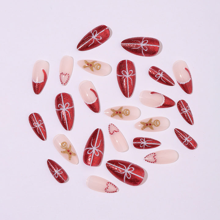 Artificial nail set with festive candy cane and gingerbread pattern Bowlift