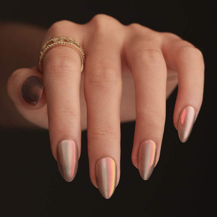Elegant Artistic Stiletto Nails with Shimmering Gradient Bowlift