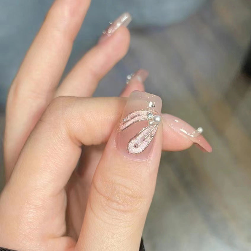 Decorative Press-On Nail Set with Pearl Accents Bowlift