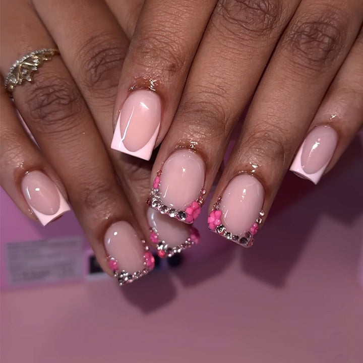 Decorative Rhinestone French Tip Press-On Nails Bowlift