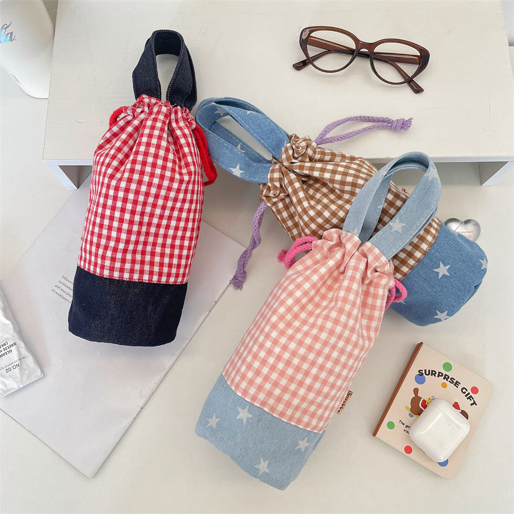 Drawstring Bottle Pouch with Denim Base and Carry Handle Bowlift