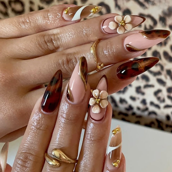 Decorative Press-On Nail Art Set with Floral and Gold Accents Bowlift