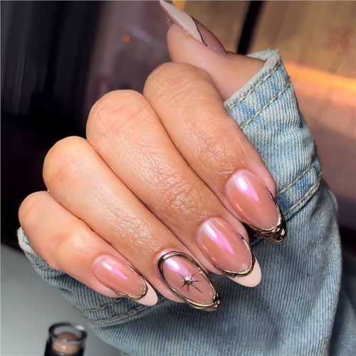 Premium Glittering French Tip Press-On Nails with Gold Accents Bowlift