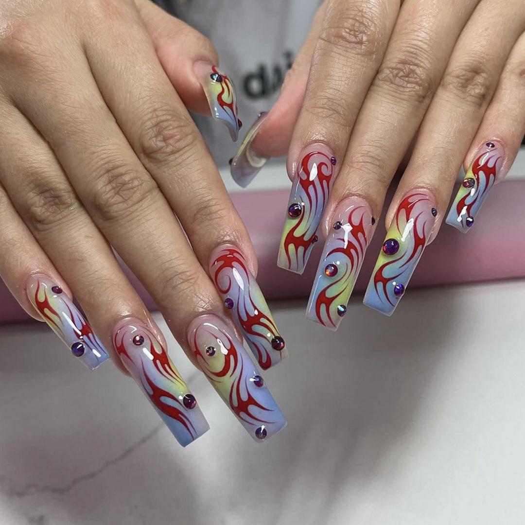 Artistic Flame-Design Acrylic Nail Art Extensions Bowlift