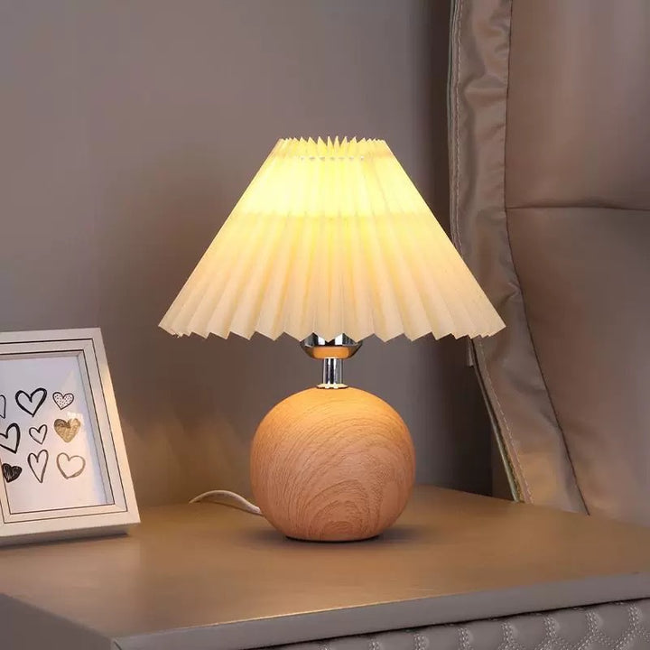 Mid-Century Round Wood Base Pleated Fabric Shade Bedside Lamp Bowlift