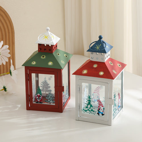 Decorative Holiday Tea Light Lantern with Glass Pane Gnome & Pine Motif Bowlift