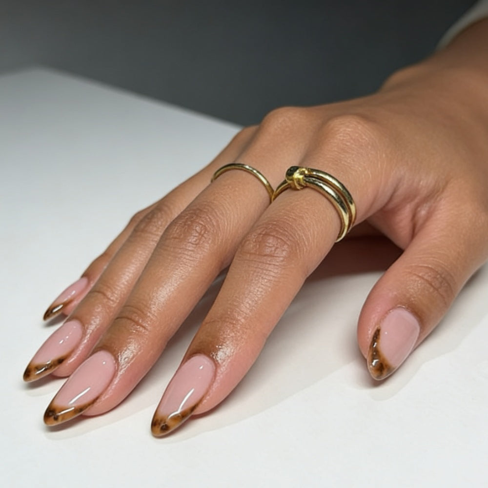 Almond-Shaped Press-On Nails with Elegant Brown Tips Bowlift