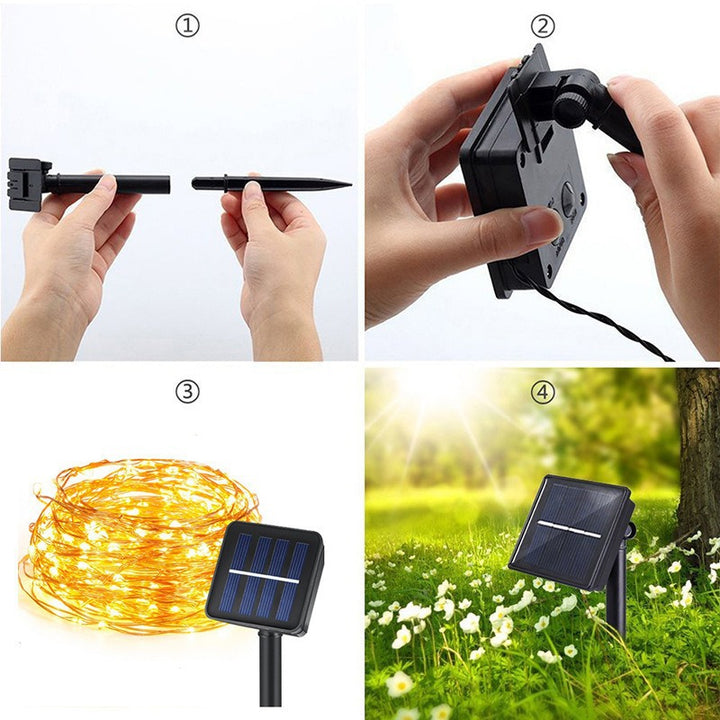 Outdoor Solar Waterproof Fairy String Lights With Dual Panel Stake And Memory Mode Bowlift