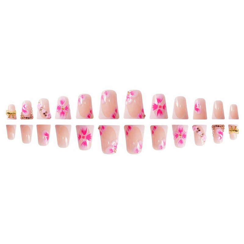 Elegant Floral Press-On Nail Art with Gem Accents Bowlift
