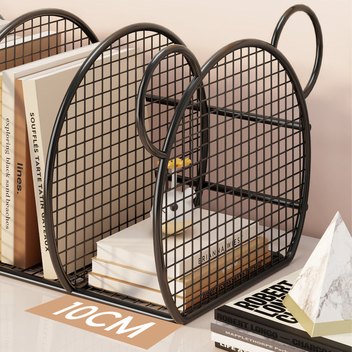 Desktop Triple-Section Metal Mesh Book Sorter with Decorative Loop Handles