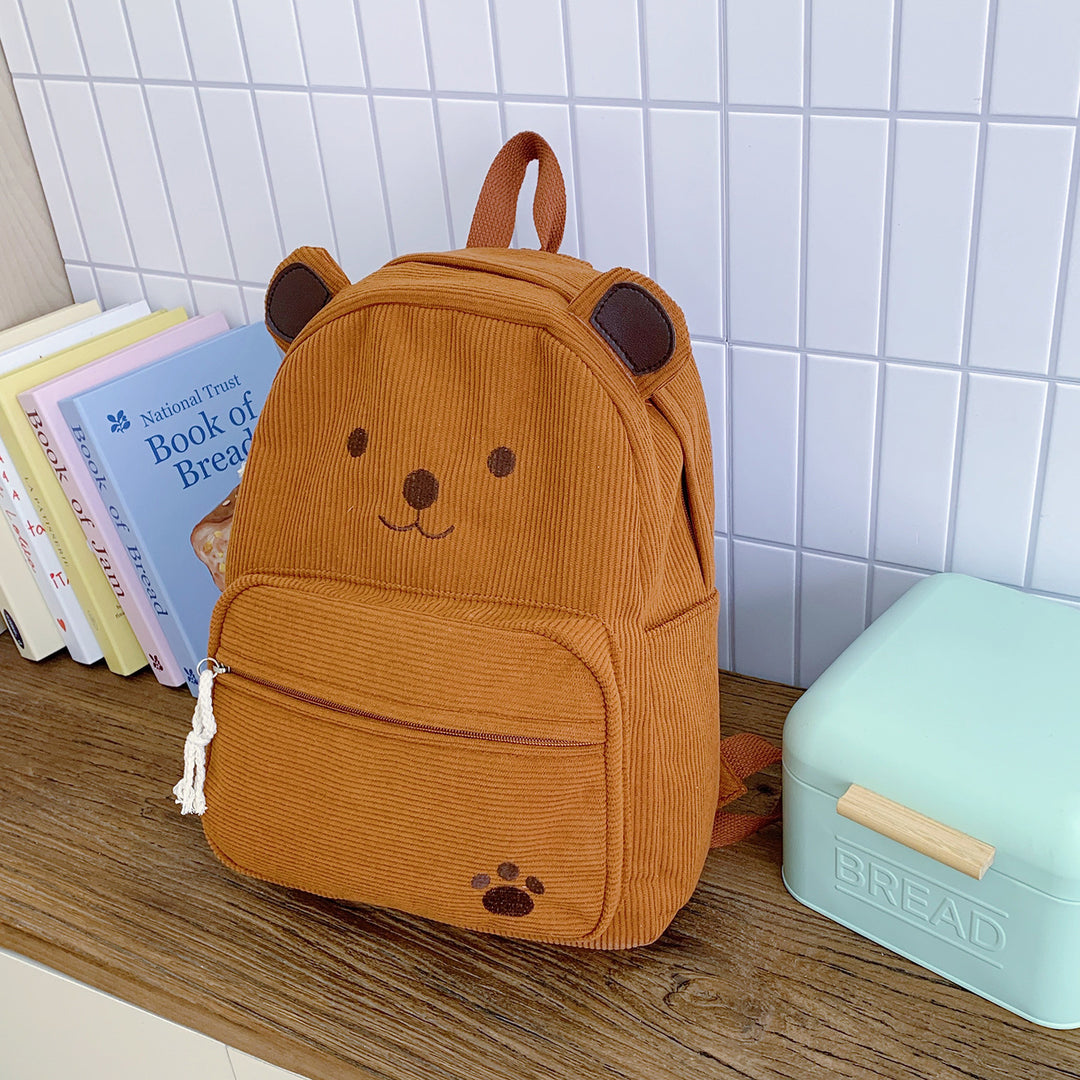 Cute Bear-Themed Corduroy Backpack