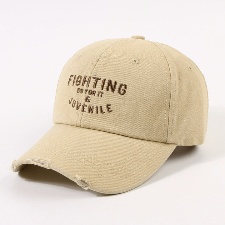 Women's Distressed Cotton Cap with Motivational Embroidery Bowlift