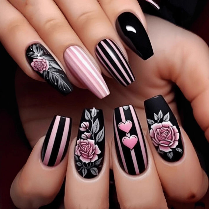 Artificial nail set with romantic rose and heart designs Bowlift