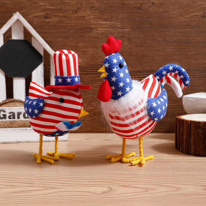 Unisex nan decorative plush rooster in Americana design with star pattern and standing wire legs Bowlift