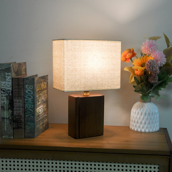 Retro modern solid wood table lamp with rectangular linen shade and brass neck Bowlift