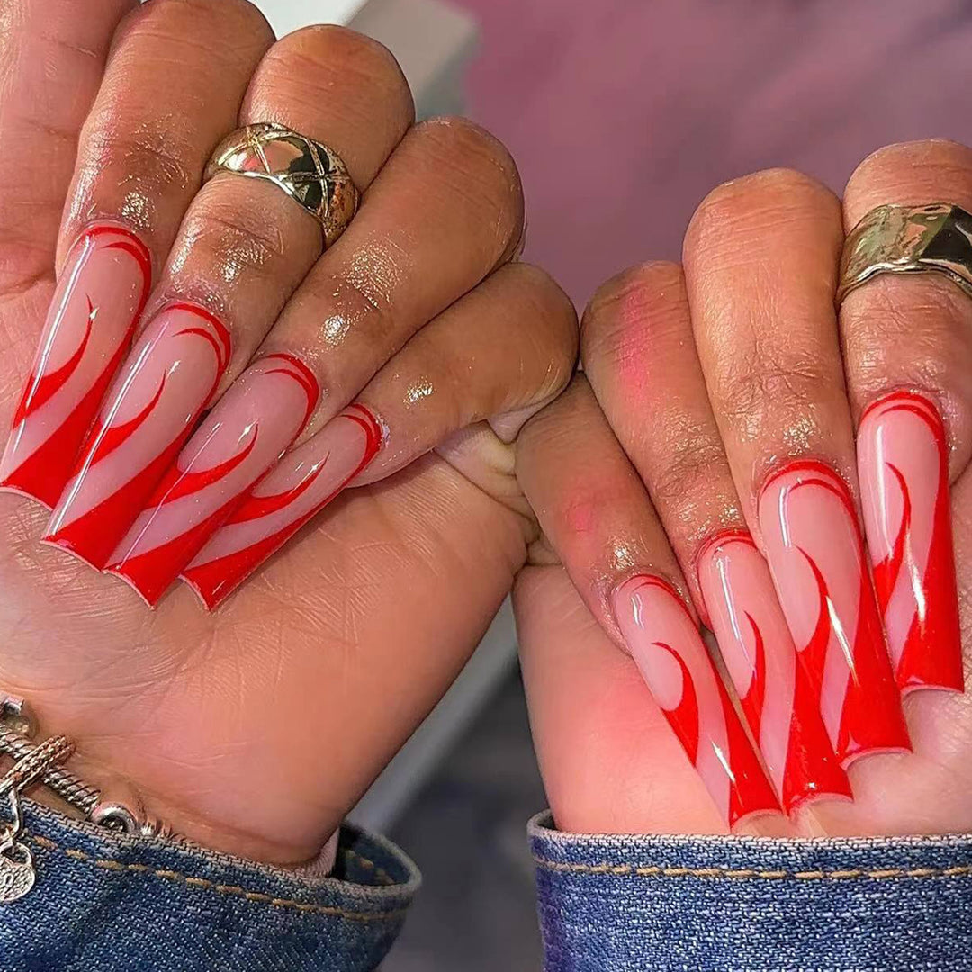 Artful nail extensions with fire pattern Bowlift
