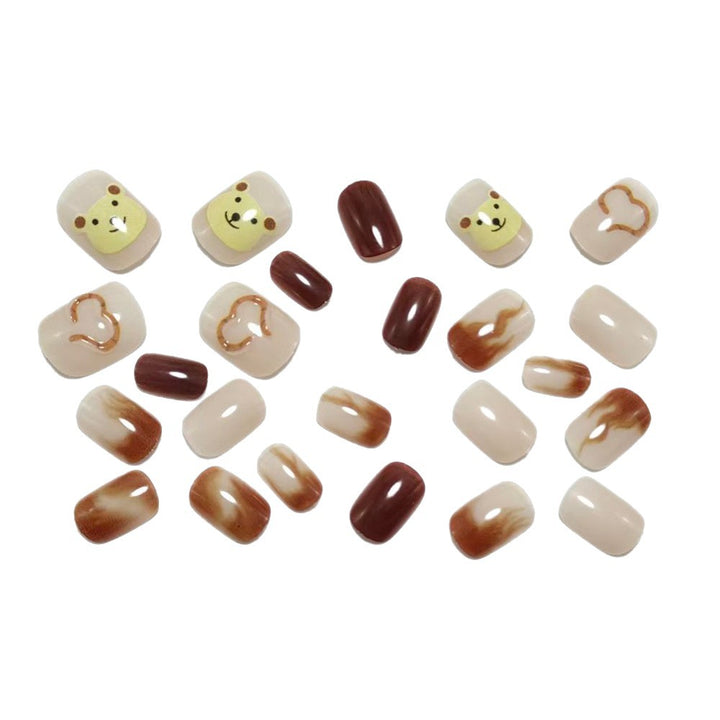Artificial nails with cute bear design and marbled pattern Bowlift