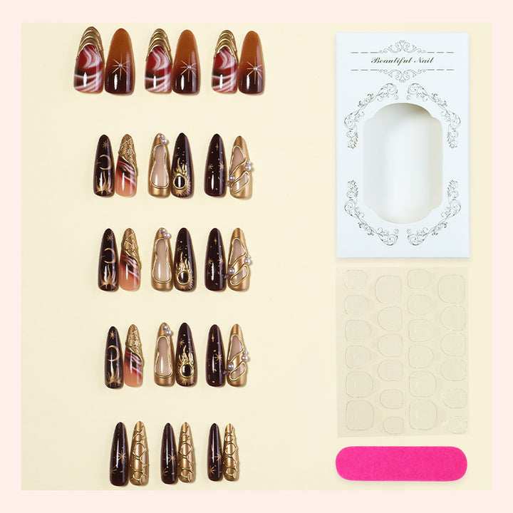 Decorative Press-On Nail Art Set with Glamorous Gold Accents Bowlift