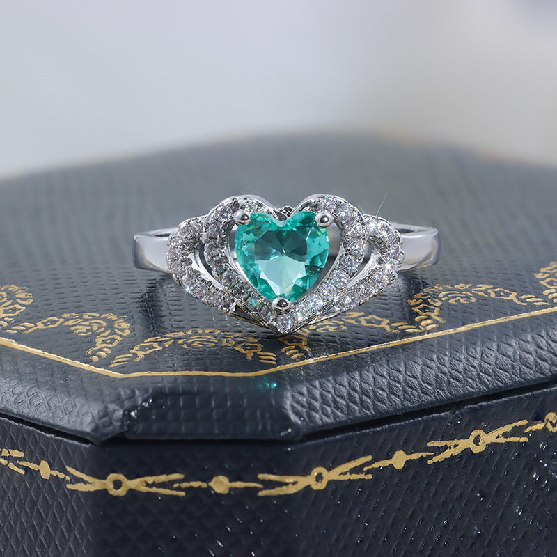 Heart Heart-Shaped Simulated Emerald Halo Engagement Ring With Pavé Cubic Zirconia