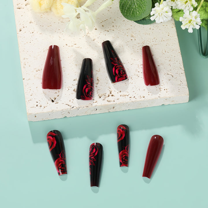 artistic nail tips with floral rose pattern Bowlift