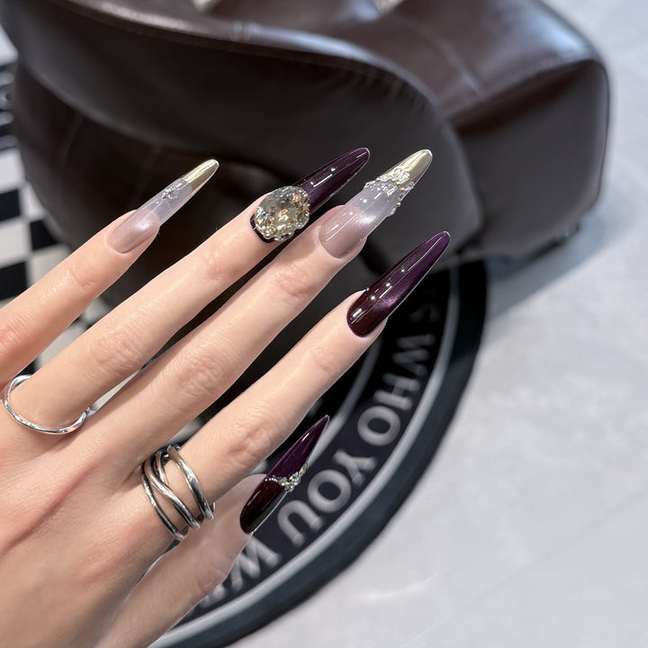 Elegant Stiletto Press-On Nail Set with Decorative Jewel Accents Bowlift