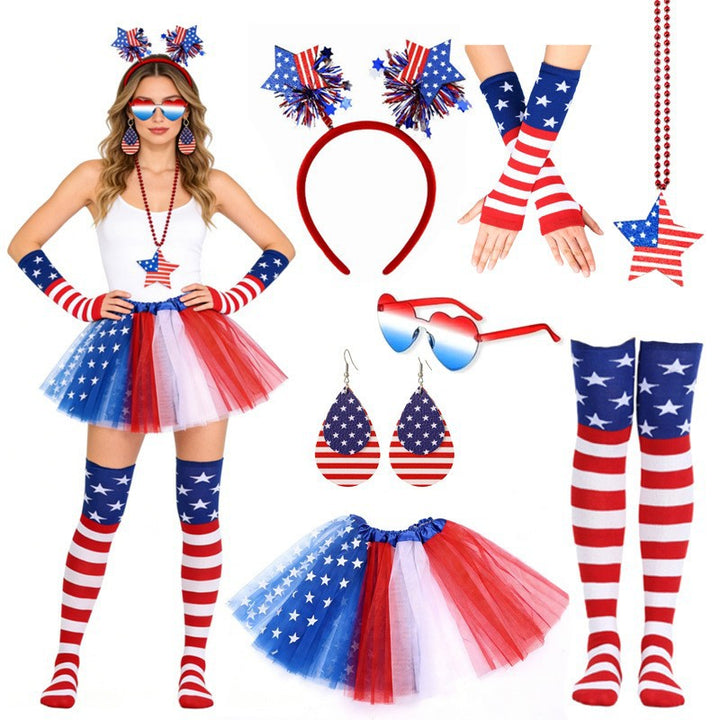 Women's nan patriotic tulle layered mini skirt headband arm sleeves and thigh high socks set Bowlift