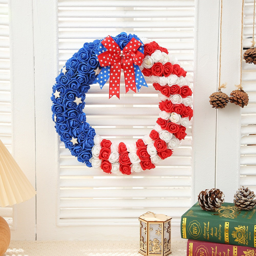 Unisex nan decorative foam rose door wreath with star appliqués and bow accent Bowlift