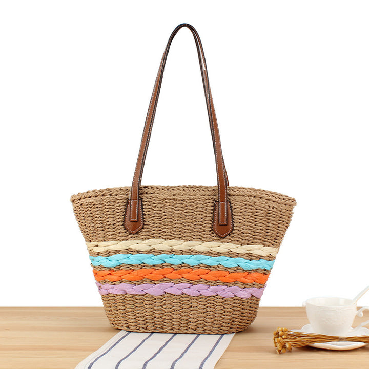 Leisure Beach Bag Made of Woven Natural Material with Colorful Decor Bowlift