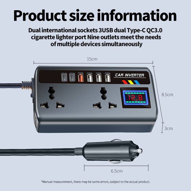 High-Power Vehicle Power Inverter with Multiple USB and USB-C Fast-Charging Ports and AC Outlet Cigarette Lighter Extension Bowlift