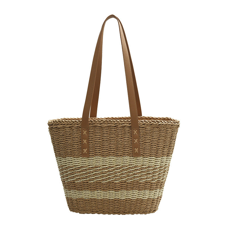 Woven Natural Material Handbag with Leather Accents Bowlift