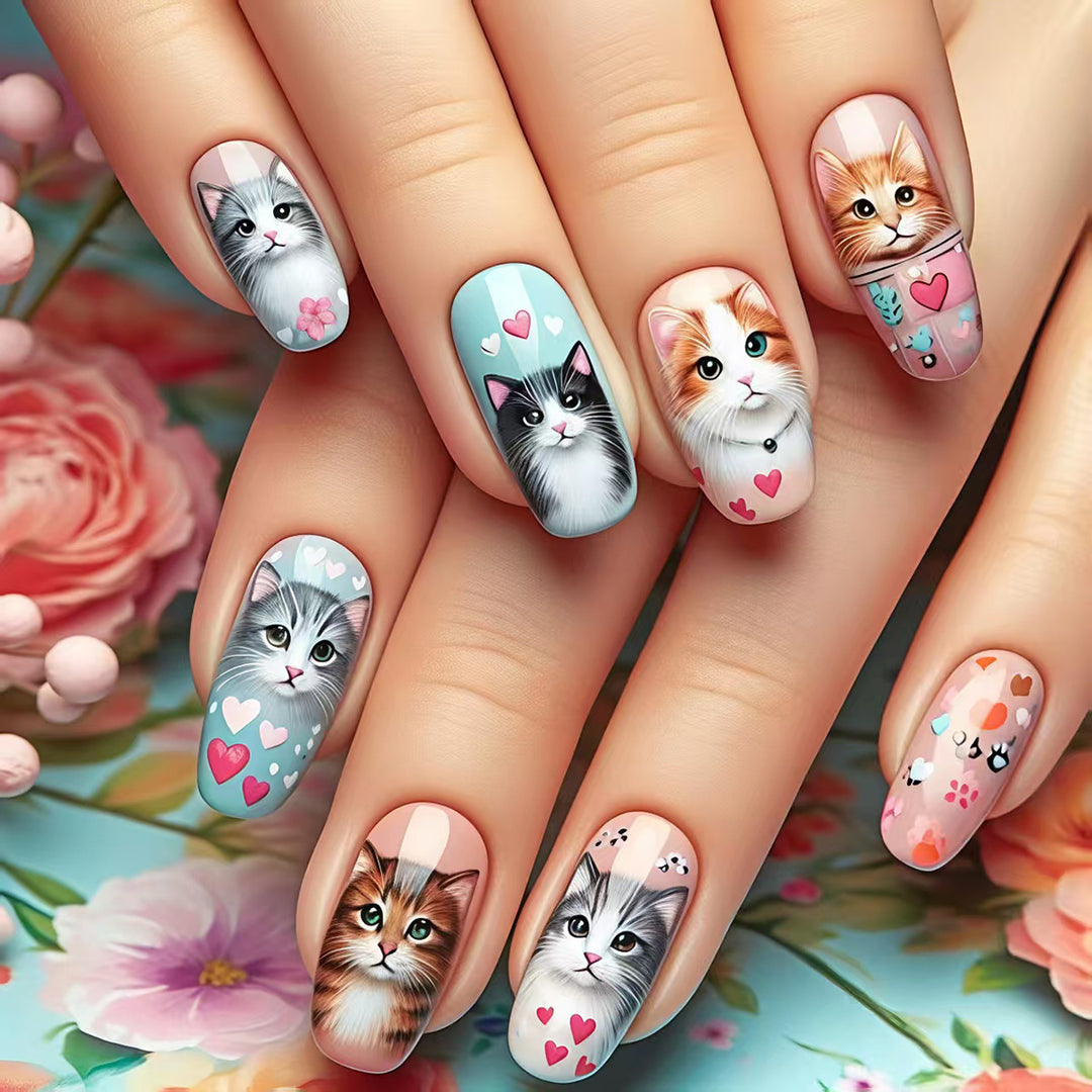 Stylish Cat Design Artificial Nails Bowlift