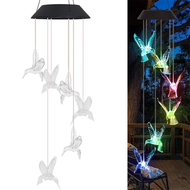 Solar-Powered Hanging Hummingbird LED Wind Chime With Color-Changing RGB Acrylic Birds And Weatherproof Top Bowlift