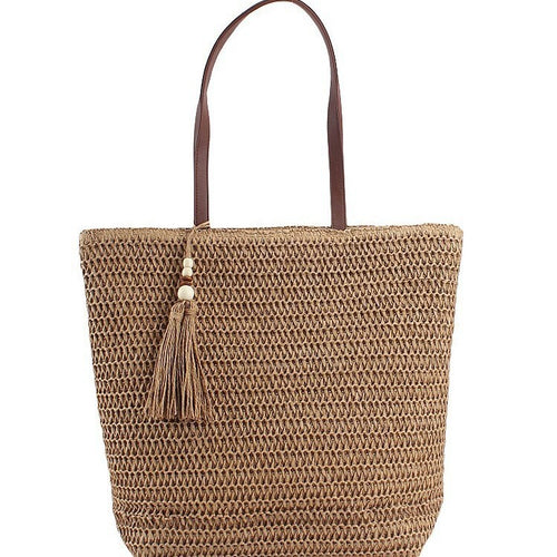 Spacious Shoulder Bag Made of Braided Natural Material with Decorative Tassel Bowlift
