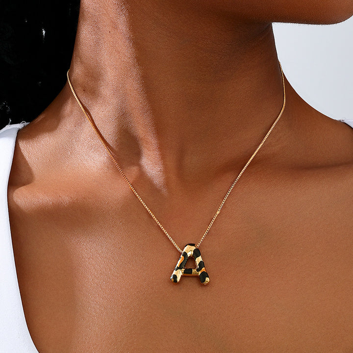 Custom Initial Pendant Necklace with Gold Chain and Leopard Resin Letter Charm Bowlift