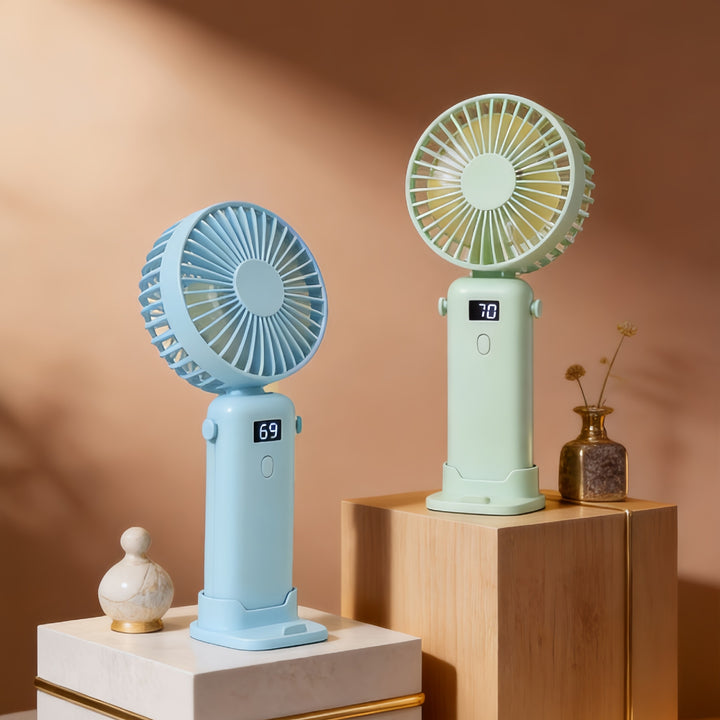 Portable USB Hand Fan with Digital Speed Display and Flexible Holder Bowlift