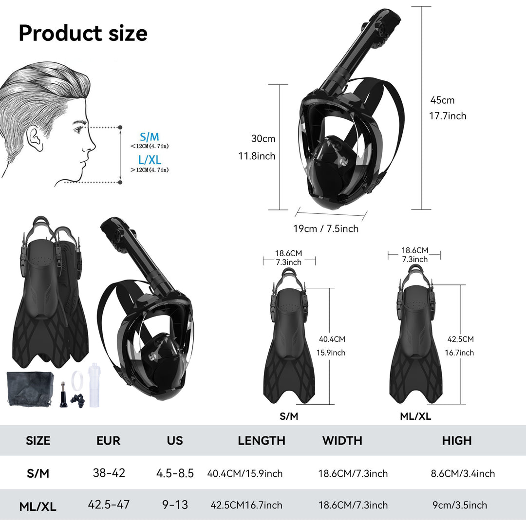 Snorkeling equipment with highly flexible fins and full face mask Bowlift