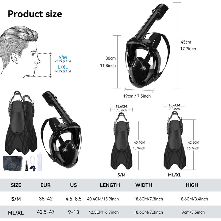Snorkeling equipment with highly flexible fins and full face mask Bowlift
